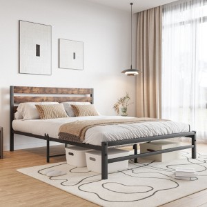 Queen Size Platform Bed Frame with Rustic Vintage Wood Headboard, Strong Metal Slats Support Mattress Foundation, No Box Spring Needed Rustic Brown - 1 of 3