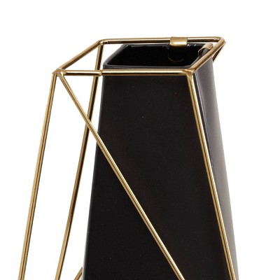 Eclectic Black and Gold Metal Geometric Vase Duo