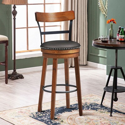 Brown Swivel Bar Stool with Leather Seat and Wood Legs