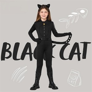 Joyfy Girls Black Cat Halloween Costume Outfits, Kids Cat Outfit Set with Tail, Child Halloween Bodysuit Costume for Cosplay Dress Up Party - 1 of 4
