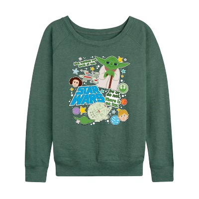 Women's - Star Wars - Yoda Stickers Lightweight French Terry Wide Neck Long Sleeve Shirt