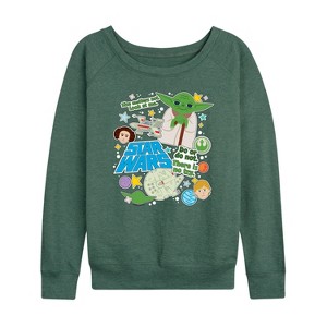 Women's - Star Wars - Yoda Stickers Lightweight French Terry Wide Neck Long Sleeve Shirt - 1 of 4