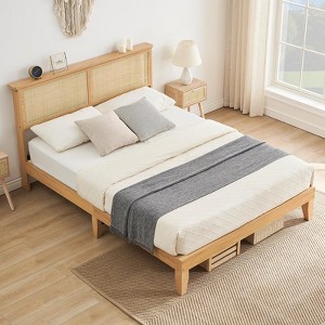 Rattan Bed Frame with Headboard, Boho Platform Bed with App-Controlled Lights & Under-Bed Storage, No Box Spring Needed, Oak - 1 of 4
