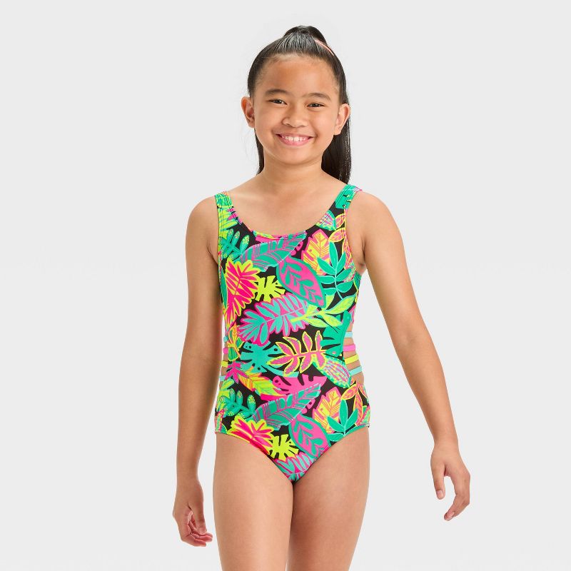 Girls&#39; Terrific Tropical Leaf Printed One Piece Swimsuit - Cat &#38; Jack&#8482;, 1 of 4