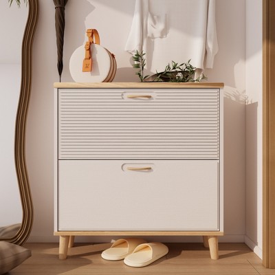 PDTEND Narrow Freestanding Shoe Rack Cabinet with 2 Flip Drawers and Natural Wood Legs