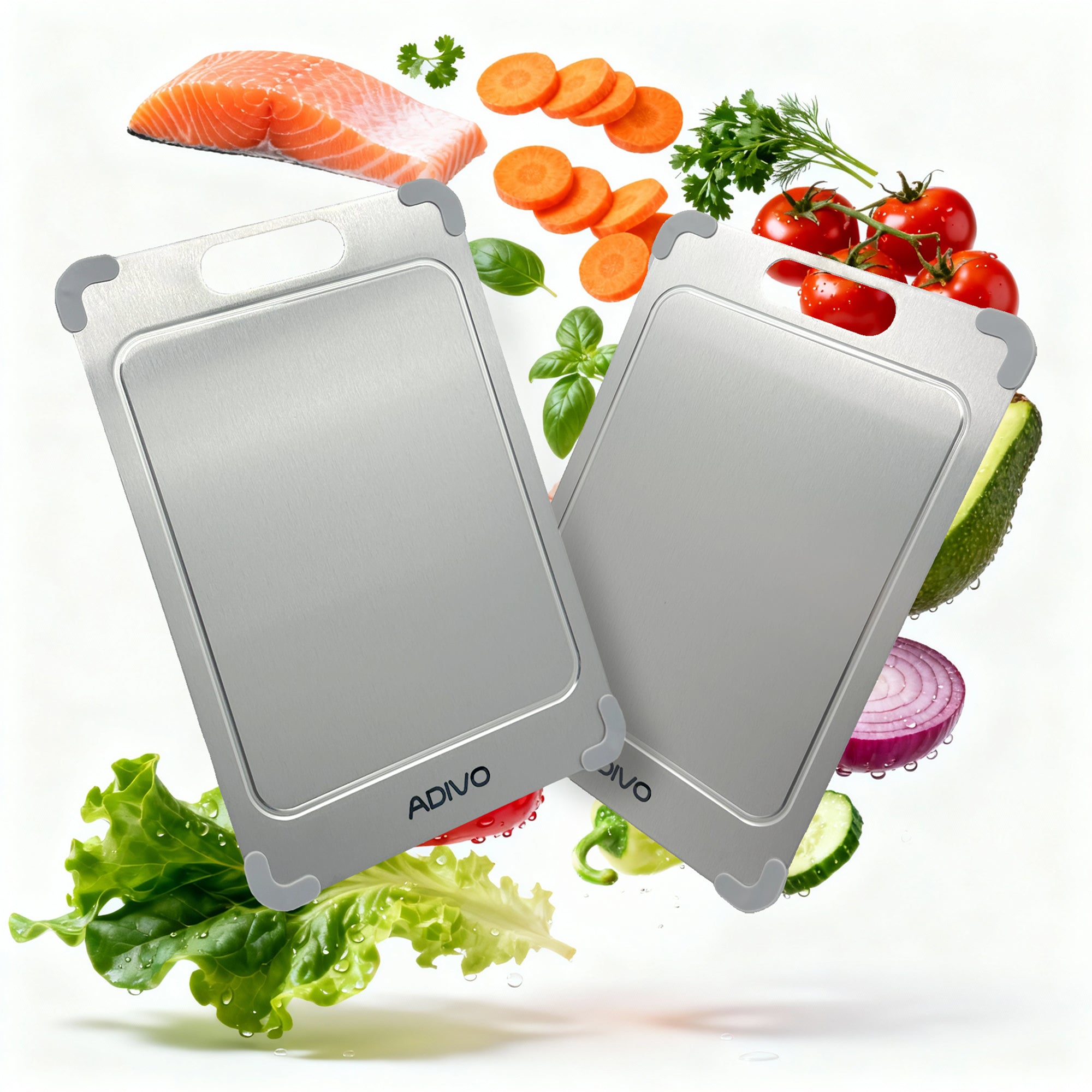 ADIVO Titanium Cutting Board, Double-Sided 100% Pure Titanium, Non-Porous Easy Clean with Juice Groove & Non-Slip Corners Silver Large