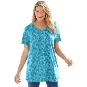 Woman Within Plus Size Perfect Printed Short-Sleeve V-Neck Tunic - 1 of 4