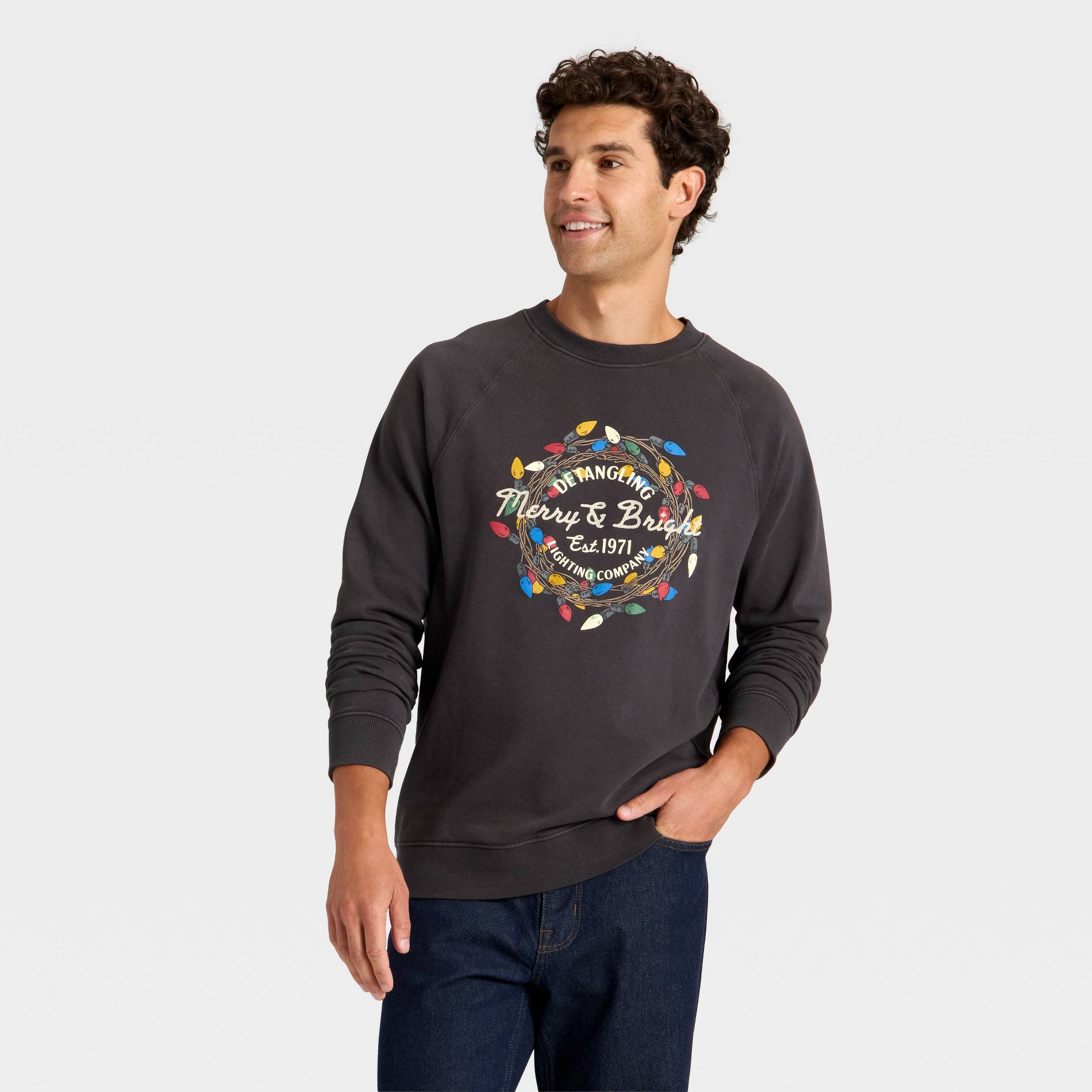 Men's Vintage French Terry Merry & Bright Sweatshirt - Goodfellow & Co™ Black