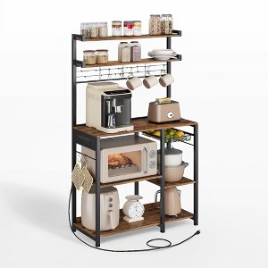 Bakers Rack with Power Outlet, Microwave Stand, Coffee Bar, 4 AC Outlets, with Adjustable Shelves, 8 S-Hooks, Rustic Brown and Ink Black - 1 of 3