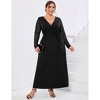 Coolmee Womens Plus Size Spring Fall Maxi Dress Long Sleeve Lace Sleeve Dress Deep V Neck Long Dress with Belt - 2 of 4