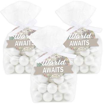 Big Dot of Happiness World Awaits - Travel Themed Party Clear Goodie Favor Bags - Treat Bags With Tags - Set of 12