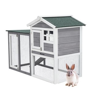 Whizmax Wooden Rabbit Hutch, Small Animal Habitat with Weather-Resistant House & Courtyard, Outdoor Bunny House with Wire Fence and Cleaning Tray - 1 of 4