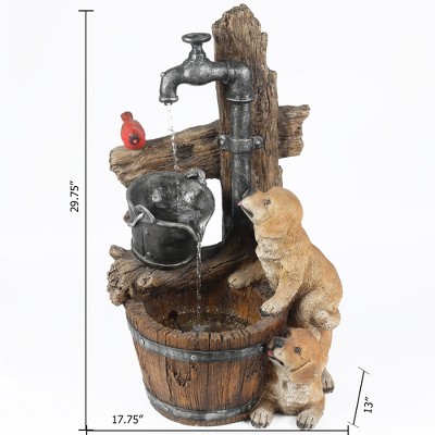 Rustic Brown Resin Puppies and Water Pump Fountain with LED Light