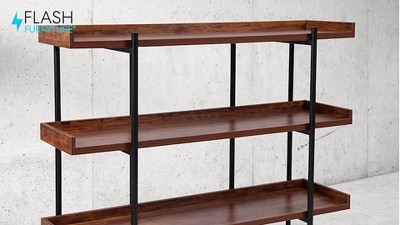Modern Rustic Black Metal Frame 50" Display Shelf with Woodgrain Finish