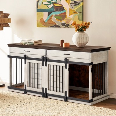 Large White Wood Dog Crate Table with Drawers