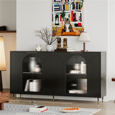LunaLulinlk Accent Cabinet Black Lacquered Wooden Cabinet with 4 Glass Doors Sideboard Buffet Server Cabinet Storage Cabinet