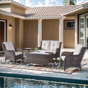 Gymojoy 5 Piece Outdoor Wicker Loveseat Sofa with Patio Chairs with Coffee Table and Side Table - 1 of 4