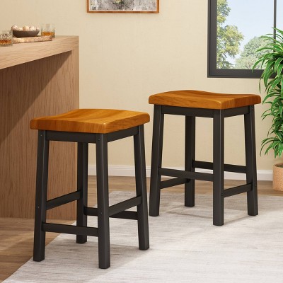 Brown and Black Wooden Saddle Style Backless Counter Stools, 24-Inch Height