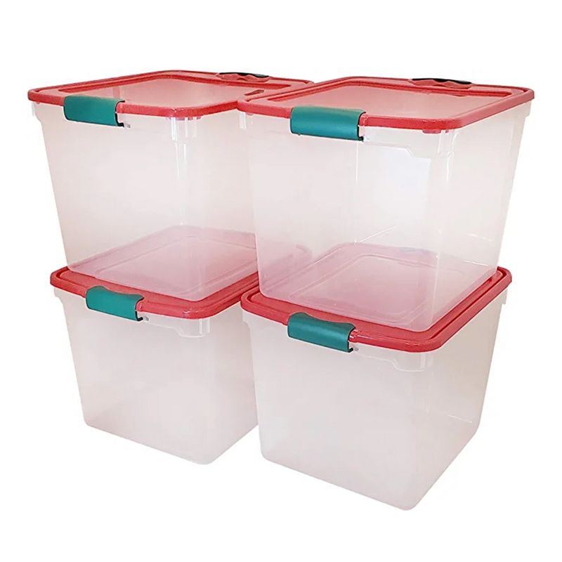 Homz 31 Quart Medium Holiday Clear Stackable Organizer Plastic Storage Container with Red Tight Latching Lid and Green Handles, Multicolor (4 Pack), 1 of 8