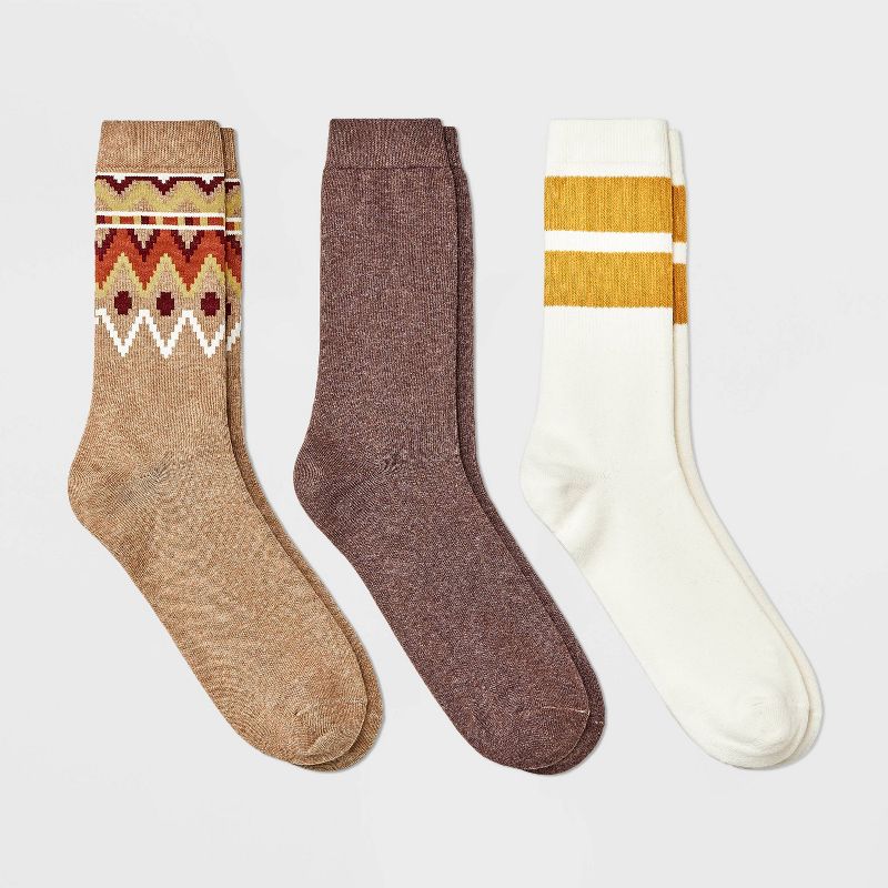Men&#39;s Striped Autumn Fairisle Crew Socks 3pk - Goodfellow &#38; Co&#8482; Tan/Brown/Yellow 6-12, 1 of 4