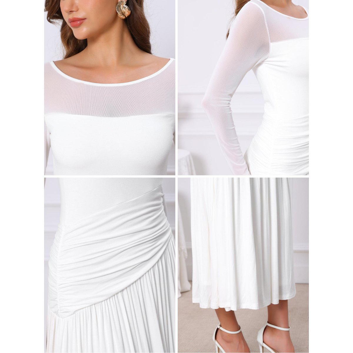 Женские платья INSPIRE CHIC Women's Wedding Guest Pleats Ruched Long Sleeve Crewneck Evening Maxi Flowy Dress Medium White — фото 5