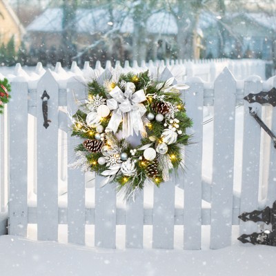 24 Inch Christmas Wreath, Outdoor Christmas Door Wreath with 20 Silver and White Balls for Front Door, Fireplace, Window, Holiday Home Decoration
