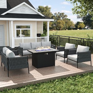 LayinSun 5 Piece Outdoor Furniture Set with Fire Pit Table, Modern Rope Woven Patio Conversation Sofa Set with Olefin - 1 of 4