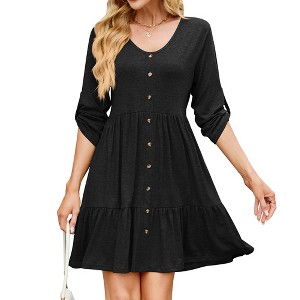 Dress for Women Casual Elegant V Neck Long Sleeve Ruffle Swing Button Down Beach Party Sun Midi Dresses - 1 of 4