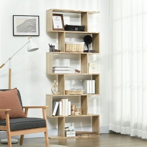 75.5"H Bookcase 6 Shelf S-Shaped Bookshelf Wooden Storage Display Stand Shelf Organizer Free Standing Oak - 1 of 4