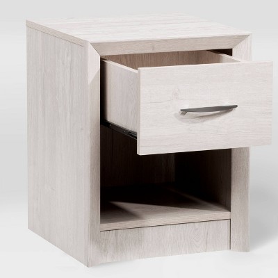 White-Washed Oak Mid-Century Modern Nightstand with Drawer and Open Cubby