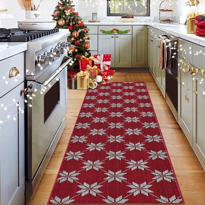 Coolmee Christmas Living Room Area Rug Machine Washable Rugs Carpet Indoor Door Mat Non-Slip Snowflake Rug for Bedroom Kitchen Green
