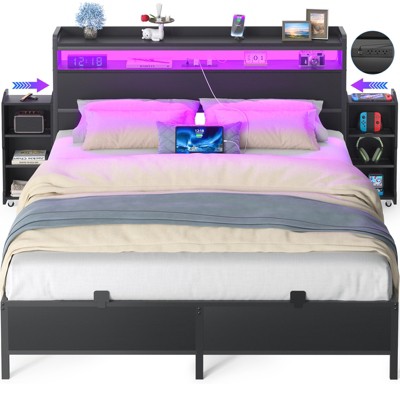Aheaplus Queen Bookcase Bed with Storage Slide Bedside Shelf and Charging Station & LED Light