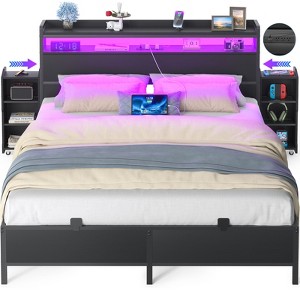 Aheaplus Queen Bookcase Bed with Storage Slide Bedside Shelf and Charging Station & LED Light - 1 of 4