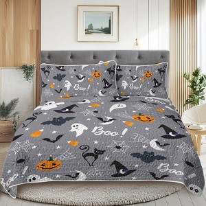 Hachikiko Halloween Quilt Set, All-Season Soft Breathable Bedspread Coverlet with 2 Pillowcases, Spooky Ghost Pumpkin Bat Pattern Bedding Set - 1 of 4