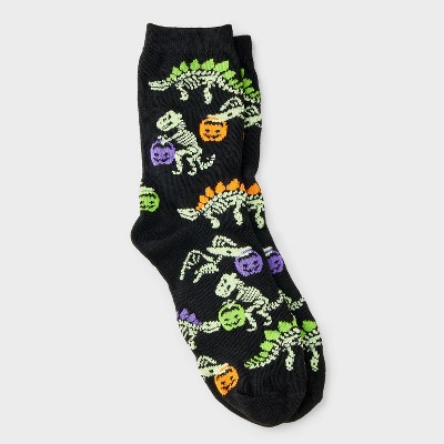 Women's Glow - in - the - Dark Trick - or - Treat Dinosaur Halloween Crew Socks - Hyde and EEK! Boutique™ Black 4 - 10