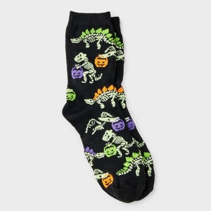Women's Glow - in - the - Dark Trick - or - Treat Dinosaur Halloween Crew Socks - Hyde and EEK! Boutique™ Black 4 - 10 - 1 of 3