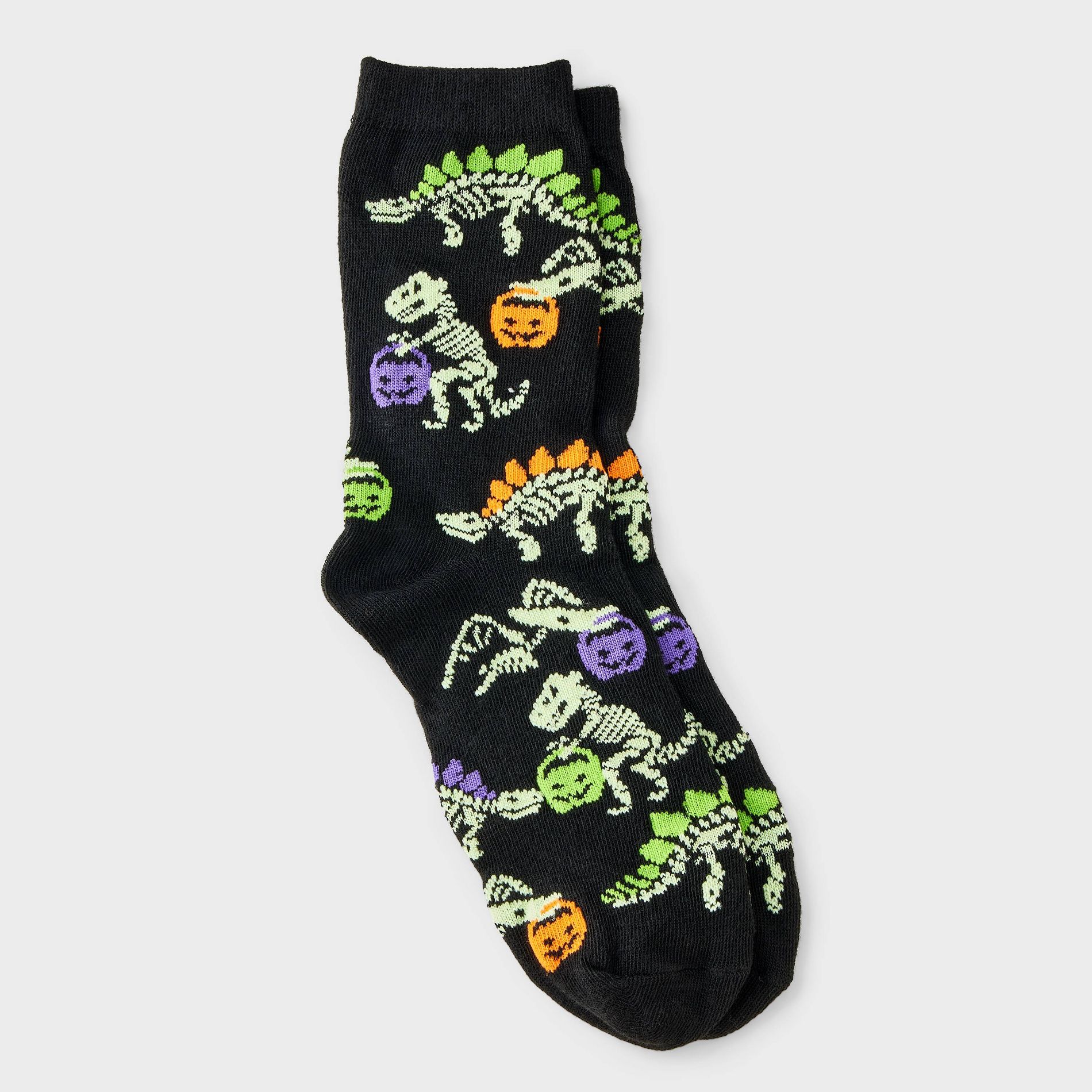 Women's Glow-in-the-Dark Trick-or-Treat Dinosaur Halloween Crew Socks - Hyde and EEK! Boutique™ Black 4 - 10