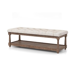 Simple Relax Linen and Wood Bench with Open Shelf in Beige and Antique Brown - 1 of 4