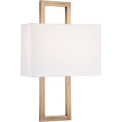 Possini Euro Design Modern Wall Light Sconce French Brass Hardwired 15 1/2" High Fixture Faux Silk Shade Bedroom Bathroom Hallway