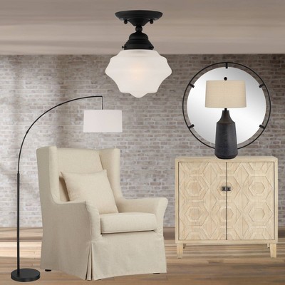 72" Black Metal Arc Floor Lamp with White Linen Shade