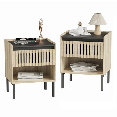 Mid-Century Drawer Bedside Table Cabinet, Fluted Modern Nightstand with Metal Legs, Contemporary Nightstand with Open Shelf for Bedroom, Natural,2Pcs