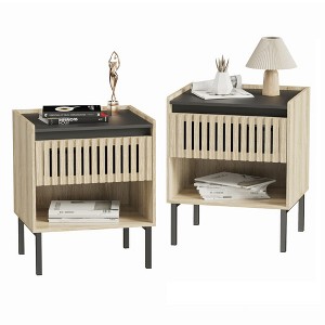 Mid-Century Drawer Bedside Table Cabinet, Fluted Modern Nightstand with Metal Legs, Contemporary Nightstand with Open Shelf for Bedroom, Natural,2Pcs - 1 of 4