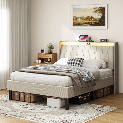 Lyngins Full Size Bed Frame with Headboard, Velvet Upholstered Platform Storage Bed Frame with 4 Drawers and LED Light, No Box Spring Needed