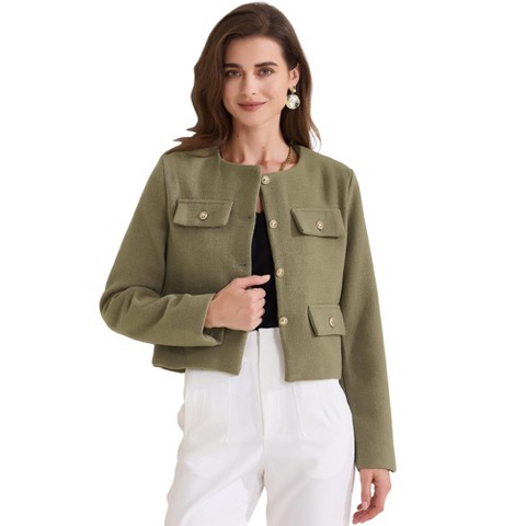 INSPIRE CHIC Women's Cropped Tweed Long Sleeve Button Down Fall Winter Work Business Blazer Olive Green Small