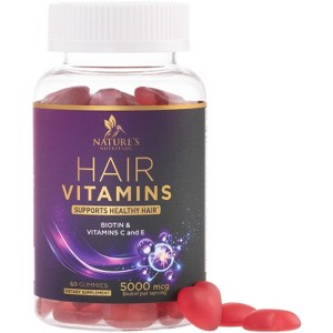Hair Vitamins Gummies with Biotin 5000 mcg - Stronger, Radiant Hair, Skin & Nails Supplement Vitamin E & C - 60 Gummies By Nature's Nutrition - 1 of 4