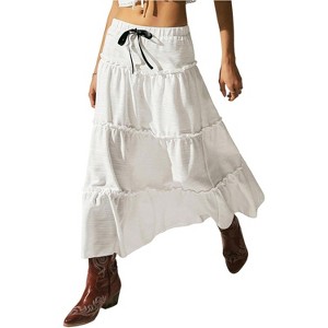 Women's Boho Maxi Skirt - Flowy Flared Ruffle Design for Summer & Going Out Outfits White Black - 1 of 4