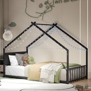 House Bed with Roof and Colorful Lights, Fun Bed for Kids and Teens, Low to Ground Design, Bed with Iron Frame Structure-Baofuwish - 1 of 4