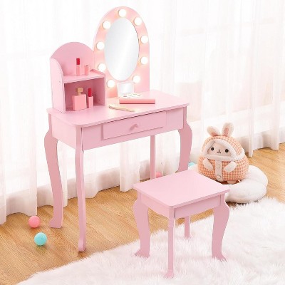 Kids Vanity Desk with Mirror Lighting, Drawers, 3 Adjustable Light Modes, Wooden Princess Makeup Table for Girls, Pink