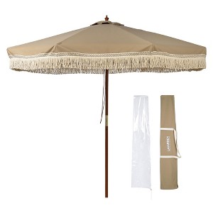 LAGarden BOHO 9' Fringe Patio Umbrella with Tassels UPF50+ Boho Style 5-Year-Non-Fading for Outdoor Yard Market Mocha Meander brown - 1 of 4
