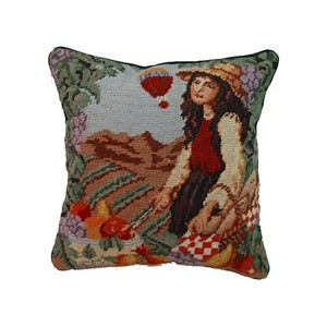 C&F Home 14" x 14" French Harvest Girl Needlepoint Wool Blend Accent Throw Pillow - 1 of 4